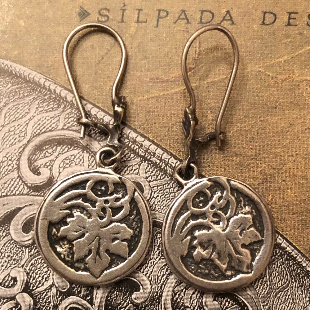 Vintage Silpada Sterling Silver Engraved Coin Leaf Earrings W1103